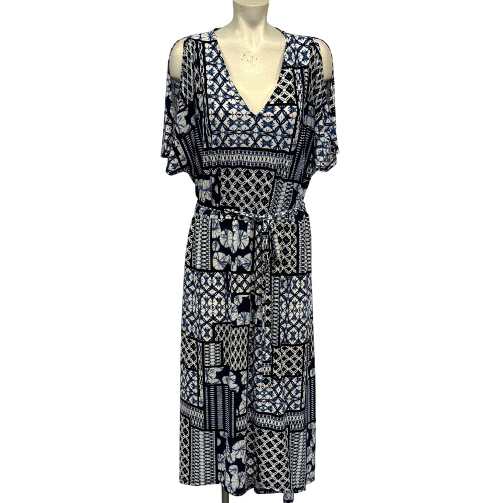 Size Large Cold‎ Shoulder Maxi Dress Blue White Geometric Print Summer Casual